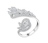 Lirzxin Anillo de oro blanco de 9 quilates para mujer, anillos de boda ajustables abiertos de lujo con plumas y moissanita redonda, oro blanco, 7.5, Oro blanco de 9 quilates, Moissanita