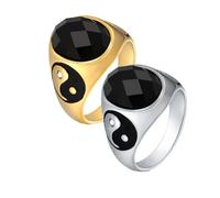 Lirzxin Anillos de boda para hombre y mujer, anillo de boda de acero inoxidable para parejas, Yin Yang con circonita cúbica ovalada negra, juego de anillos de plata y oro, Women Size N 1/2 & Men Size