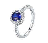 Lirzxin Anillos de boda para mujer, anillo de oro blanco de 18 quilates clásico Halo 0,8 ct redondo zafiro sintético y moissanita anillo compromiso boda oro blanco para mamá, novia, novia, 16, Oro