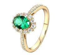 Lirzxin Anillos de compromiso de oro amarillo de 14 quilates para mujer, anillo de boda con halo de flores de 0,5 quilates a 1,35 quilates, ovalado, verde, esmeralda y moissanita, anillo de oro