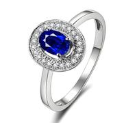 Lirzxin Anillos de compromiso de oro blanco de 14 quilates para ella, anillo de boda para mujer, elegante halo de 0,5 quilates, zafiro y moissanita creado en laboratorio, oro blanco, L 1/2, Oro blanco