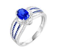 Lirzxin Anillos de compromiso de oro blanco de 14 quilates para mujer, anillo de compromiso de boda, diseño hueco con zafiro azul creado en laboratorio de 1,27 quilates y anillo de moissanita de 0,21