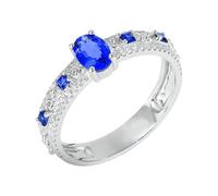 Lirzxin Anillos de compromiso de oro blanco de 14 quilates para mujer, diseño hueco con zafiro azul creado en laboratorio de 0,75 quilates y moissanita de 0,19 quilates, oro blanco, L 1/2, Oro blanco