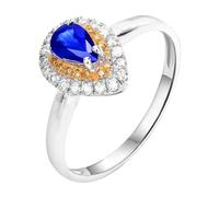 Lirzxin Anillos de compromiso de oro blanco de 14 quilates para mujer, elegante anillo de boda de 4 puntas, zafiro azul creado en laboratorio de 0,46 quilates y moissanita de 0,24 quilates, oro blanco