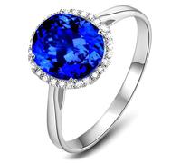 Lirzxin Anillos de compromiso de oro blanco de 9 quilates para mujer, anillo de boda clásico con halo de 1,3 ct/1,7 quilates, zafiro y moissanita azul ovalado, oro blanco, X 1/2, Oro blanco de 9