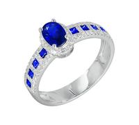 Lirzxin Anillos de compromiso de oro blanco de 9 quilates para mujer, anillo de boda, halo brillante, zafiro azul creado en laboratorio de 0,95 quilates y moissanita de 0,24 quilates, oro blanco, M 1