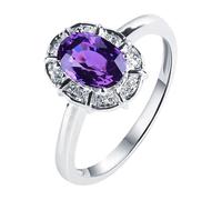 Lirzxin Anillos de compromiso de oro blanco de 9 quilates para mujer, anillo de compromiso de aniversario, elegante zafiro morado ovalado de 4 puntas de 1,53 quilates y diamantes para mujer, oro