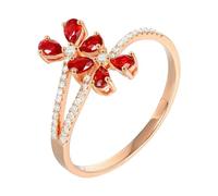 Lirzxin Anillos de compromiso de oro rosa de 14 quilates para mujer, anillo de boda de doble flor de 0,43 quilates, gota de agua roja, rubí y moissanita, oro rosa, T 1/2, Oro rosa de 14 quilates, Rubí