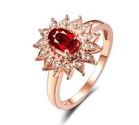 Lirzxin Anillos de compromiso de oro rosa de 14 quilates para mujer, anillo de boda de girasol de 0,5 quilates, rojo ovalado creado en laboratorio, rubí y moissanita, oro rosa, L 1/2, Oro rosa de 14