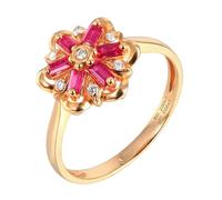 Lirzxin Anillos de compromiso de oro rosa de 9 quilates para mujer, anillo de compromiso de boda, elegante flor con rubí rojo creado en laboratorio de 0,25 quilates y anillo de moissanita, oro rosa, L