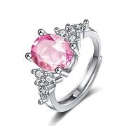 Lirzxin Anillos de oro blanco de 9 quilates para mujer, anillo de compromiso para mujer, anillo de boda para mujer, ajustable, ovalado de cristal rosa y moissanita redonda, oro blanco, M 1/2, Oro