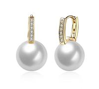 Lirzxin - arete colgantes de oro amarillo de 9 quilates para mujer, aro redondo de diamantes con perlas para mujer, oro, Una talla, Oro amarillo de 9 quilates, Perla Diamante