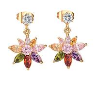 Lirzxin - arete colgantes de oro de 9 quilates para mujer, diseño de flor de moissanita para mujer, color dorado, Una talla, Oro amarillo de 9 quilates, Moissanita Granate de vidrio amatista