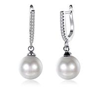 Lirzxin - arete de oro blanco de 9 quilates para mujer, aro redondo de diamantes con perlas, para mujer, oro blanco, Una talla, Oro blanco de 9 quilates, Perla Diamante