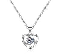 Lirzxin Collar de mujer de oro blanco de 14 quilates 585, colgante para mujer, 45 cm, corazón hueco con diamantes creados, collar de cumpleaños para mujer, oro blanco
