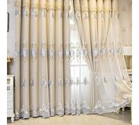 Lirzxin Cortinas opacas con ganchos, juego de 2 unidades, color beige y amarillo, estilo europeo, doble capa, encaje liso, bordado de flores, para salón, 107 x 115 cm (ancho x alto)