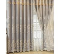 Lirzxin Cortinas opacas con ganchos, juego de 2 unidades, color gris, doble capa, color liso y encaje bordado con flores, lazos para salón, 96 x 214 cm (ancho x alto)
