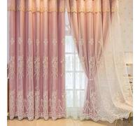 Lirzxin Cortinas opacas con ganchos, juego de 2 unidades, color rosa claro, doble capa, color liso y encaje, bordado de flores, lazo para salón, 137 x 229 cm (ancho x alto)