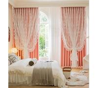 Lirzxin Cortinas opacas, cortinas opacas con ganchos, juego de 2 unidades, color rosa, doble capa y encaje, bordado de flores con volantes, para salón o dormitorio, 250 x 270 cm (ancho x alto)
