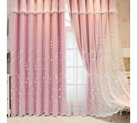 Lirzxin Cortinas opacas, cortinas opacas con ganchos, juego de 2 unidades, color rosa, doble capa y encaje, bordado de flores, para dormitorio o salón, 107 x 244 cm (ancho x alto)
