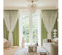 Lirzxin Cortinas opacas, cortinas opacas con ganchos, juego de 2 unidades, color verde, doble capa, monocolor y encaje, bordado de flores con volantes, para salón o dormitorio, 102 x 244 cm (ancho x