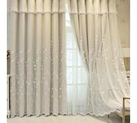 Lirzxin Cortinas opacas de 115 cm de largo, cortinas opacas con ganchos, juego de 2 unidades, color beige de doble capa, color liso y encaje bordado con flores, para salón o dormitorio, 132 x 115 cm