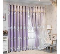 Lirzxin Cortinas opacas oscuras con ojales, juego de 2 unidades, color morado, estilo europeo, doble capa, encaje liso, bordado de flores, para salón o dormitorio, 102 x 244 cm (ancho x alto)