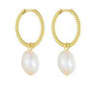 Lirzxin Pendientes colgantes de oro amarillo para mujer, oro amarillo de 14 quilates, estilo vintage, trenzado, con perla ovalada, aretes de aro para mujer, esposa, madre e hija, 13mm, Oro amarillo de