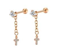 Lirzxin Pendientes de oro rosa de 9 quilates para mujer de oro real 375, cadena con moissanite estrella/corazón/cruz/luna, borla, pendientes de cumpleaños para mujeres, oro rosa, Oro rosa de 9