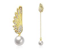 Lirzxin Pendientes para mujer de oro 750, elegantes pendientes largos asimétricos con alas de diamante con perla, pendientes de cumpleaños para novia, oro amarillo, Oro amarillo de 18 quilates (750