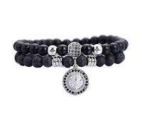 Lisandra Scott Pulsera doble de roca volcánica con cabeza de león y perlas de piedra natural para hombre, de acero inoxidable, pulsera ajustable con león y perlas, pulseras para hombres, talla única