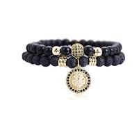 Lisandra Scott Pulsera doble de roca volcánica con cabeza de león y perlas de piedra natural para hombre, de acero inoxidable, pulsera ajustable con león y perlas, pulseras para hombres, 18