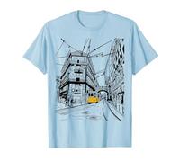 Lisboa City Portugal - Amante de los Viajes de Tren Amarillo Dibujado a Mano Camiseta, Hombre, Azul Bebé, XXL