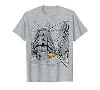 Lisboa City Portugal - Amante de los Viajes de Tren Amarillo Dibujado a Mano Camiseta, Hombre, Gris Jaspeado, 3XL