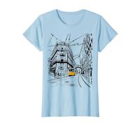 Lisboa City Portugal - Amante de los Viajes de Tren Amarillo Dibujado a Mano Camiseta, Mujer, Azul Bebé, M