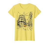 Lisboa City Portugal - Amante de los Viajes de Tren Amarillo Dibujado a Mano Camiseta, Mujer, Limón, XL