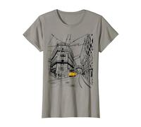 Lisboa City Portugal - Amante de los Viajes de Tren Amarillo Dibujado a Mano Camiseta, Mujer, Pizarra, XS