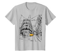 Lisboa City Portugal - Amante de los Viajes de Tren Amarillo Dibujado a Mano Camiseta, Niños, Plata, 12 años
