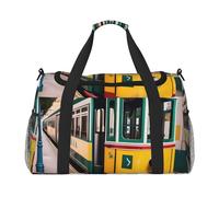 Lisbon - Bolsa de mano plegable con estampado de tranvía y cremallera impermeable para escapadas de fin de semana