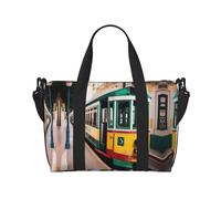 Lisbon - Bolsa deportiva versátil con estampado de tranvía, compañero para tus viajes y rutinas de fitness, color negro, talla única, Black, Talla única
