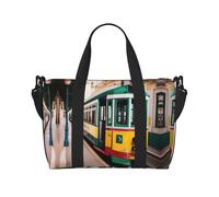 Lisbon - Bolsas de viaje con patrón de tranvía para mujer, bolsa de gimnasio deportiva, bolsa de lona para entrenamiento, durante la noche, Black, Talla única