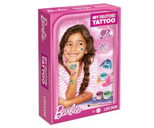 Lisciani - Barbie - Estudio de Tatuajes Brillantes - Desde 5 Años | Set Creativo de Belleza - Gemas Adhesivas, Purpurina, Pincel y Plantillas - Diseñar sus Propios Tattoos - Efecto Temporal