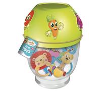 Lisciani - Carotina Baby - Primeros Juguetes Sensoriales - Desde 3 Meses | Conjunto de Estimulación para Bebé - Sonajeros y Anillos de Dentición - Caja Transparente Cerrable - 5 Elementos Variados