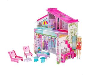 Lisciani - Casa de Muñecas - BARBIE Villa de Vacaciones con Muñeca - Juego de Imaginación - Casa De Cartón Para Montar Y Decorar - Ocio Creativo - Para Chicas De 4 Años