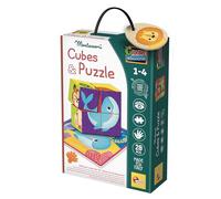 Liscianigiochi 47609 Lisciani Montessori Baby 2 en 1 Cubos de Madera de Animales y 6 Puzzles Piezas Grandes, Rompecabezas, Puzzle Infantil para bebés, Juego Educativo niño 2 años