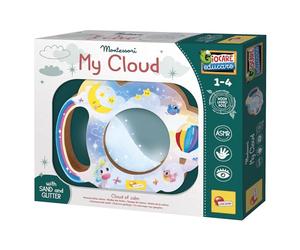 Lisciani - Montessori Wood - My Cloud - Juguete sensorial Montessori de Madera para niños de 1 a 4 años - Nube sensorial con Arena y Purpurina - Juguete Relajante con Efecto Visual ASMR