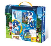 Lisciani - Sonic - Creative Desk Kit Set de Dibujo Portátil - Desde 3 Años | Taller Nómada en una Caja - Rotuladores Perfumados, Plantillas y Pegatinas - Portalápices por Construir - Motivos Oficiales