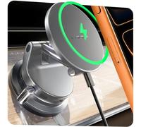 LISEN 15W Magsafe Car Mount Charger，[Lever Lock] Suction Cup Phone Holder, [More Portable＆Flexible] 360° Vacuum Magnetic Car Phone Holder Charger Wireless for iPhone 17 Pro Max Air 16 15 14 13 12,Grey