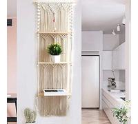 Liseng Estante colgante de pared de macramé bohemio de 3 niveles, borla tejida hecha a mano, organizador de madera, estantes de pared, perchas flotantes, para decoración del hogar (140 x 50 cm)