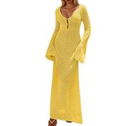 Lisenra 2026 - Vestido largo de ganchillo para mujer, manga larga, de punto, hueco, salida de baño, salida de baño, amarillo, L